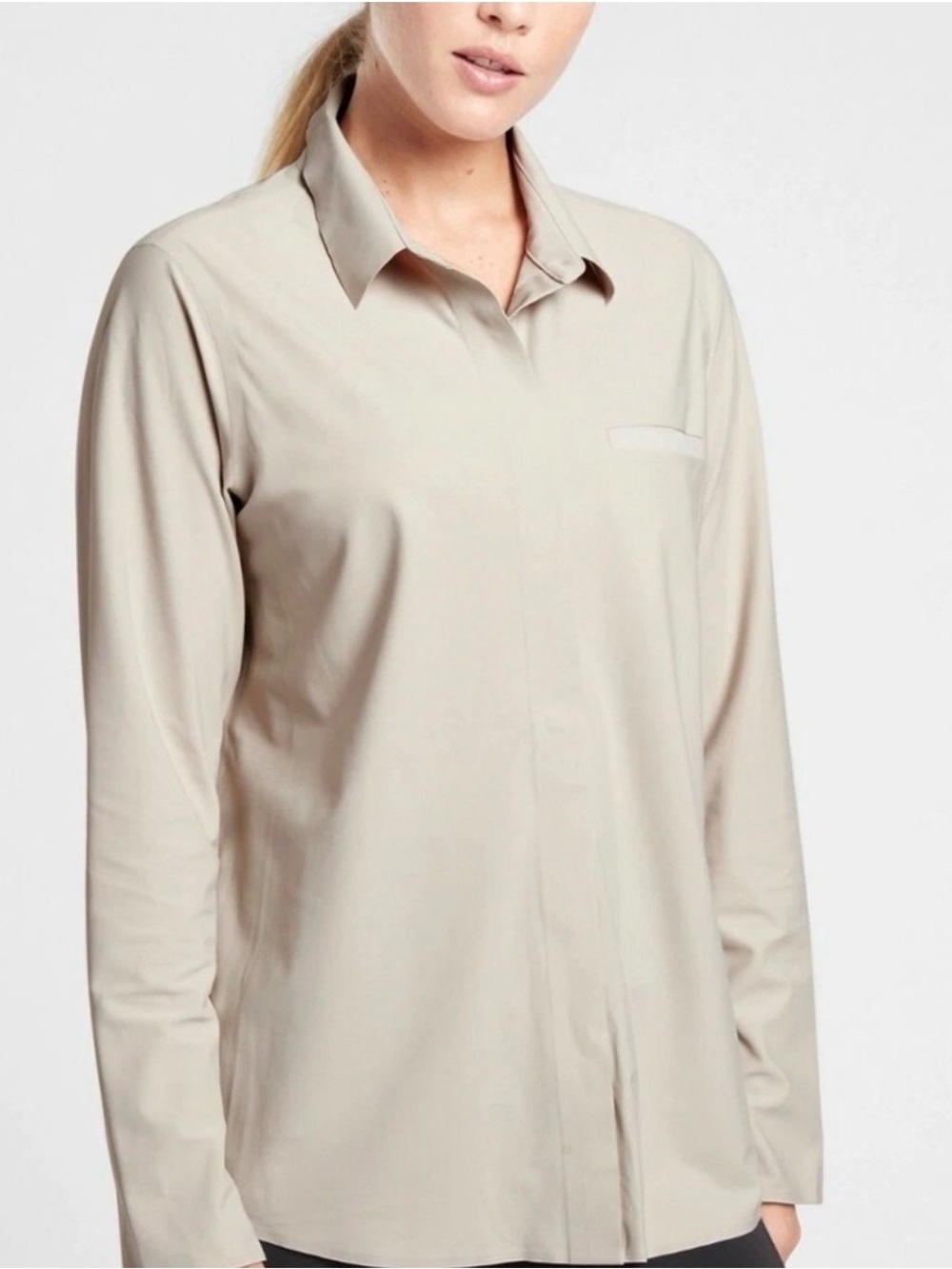 Athleta Beige Long Sleeve Button-Up Blouse | Minimalist Career Top 3X breathable